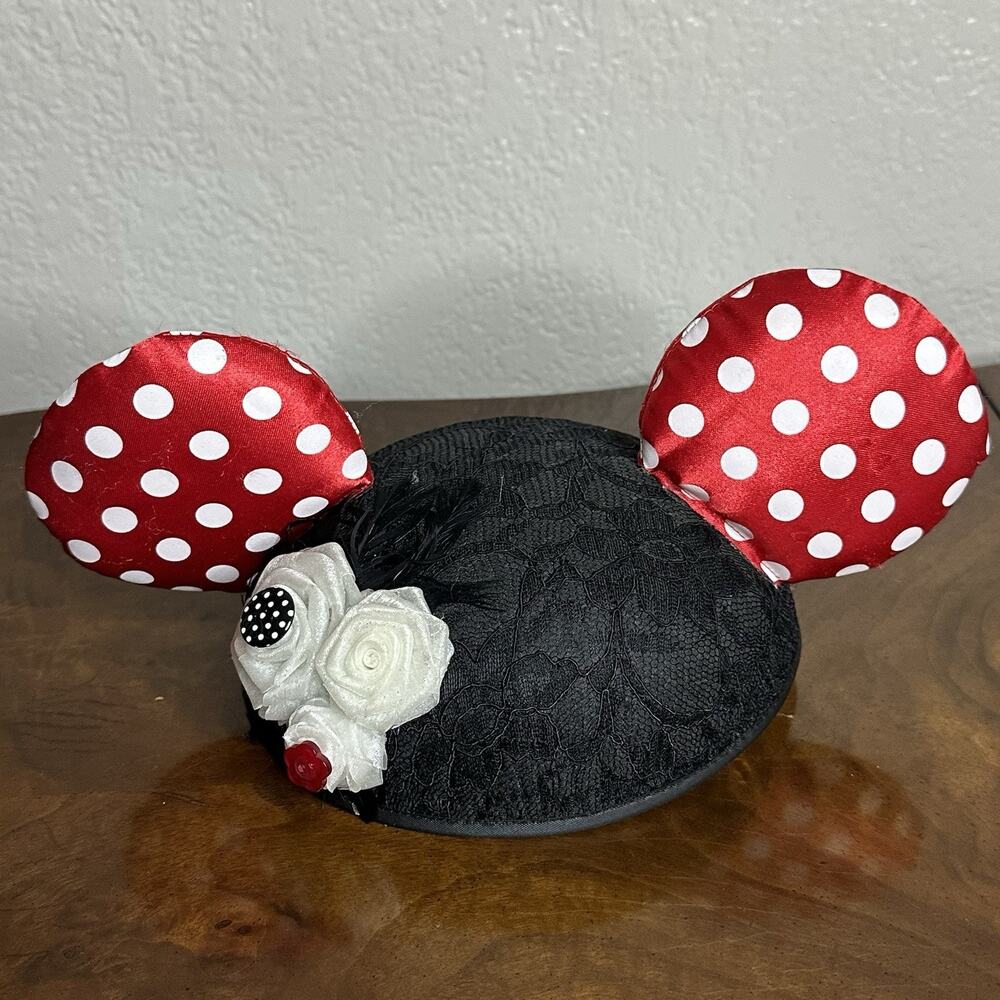 Disney Vintage Minnie Mouse Ears Fascinator Hat Veil Polka Dot Headpiece Adult